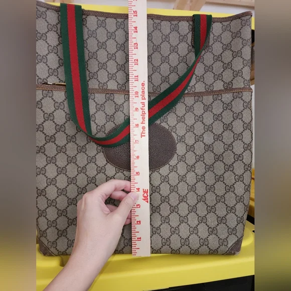 Used Authenticated Gucci‎ monogrammed tote with greenred striped handles Totes